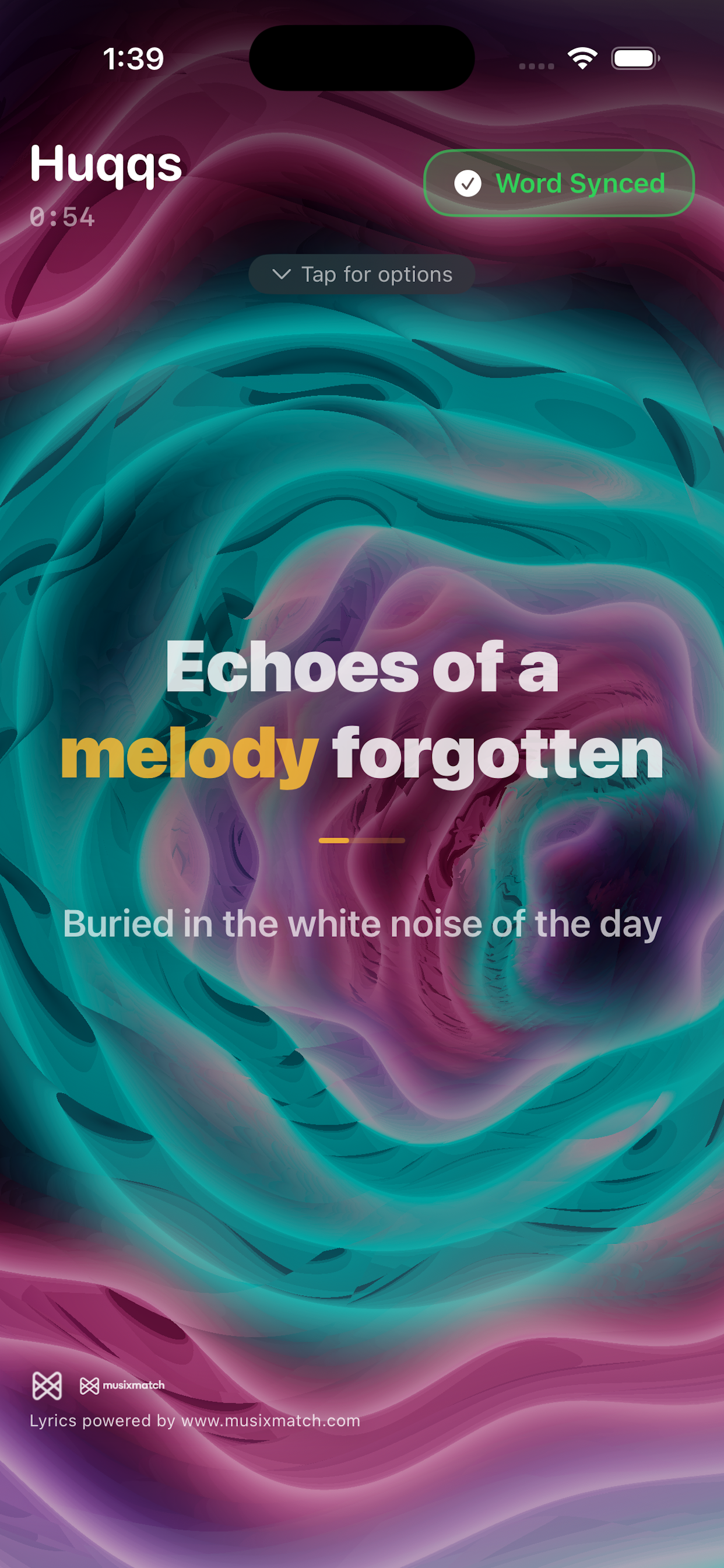 Huqqs running the Void Bloom stage on iPhone, with a word-synced lyric highlighted over swirling teal and pink visuals